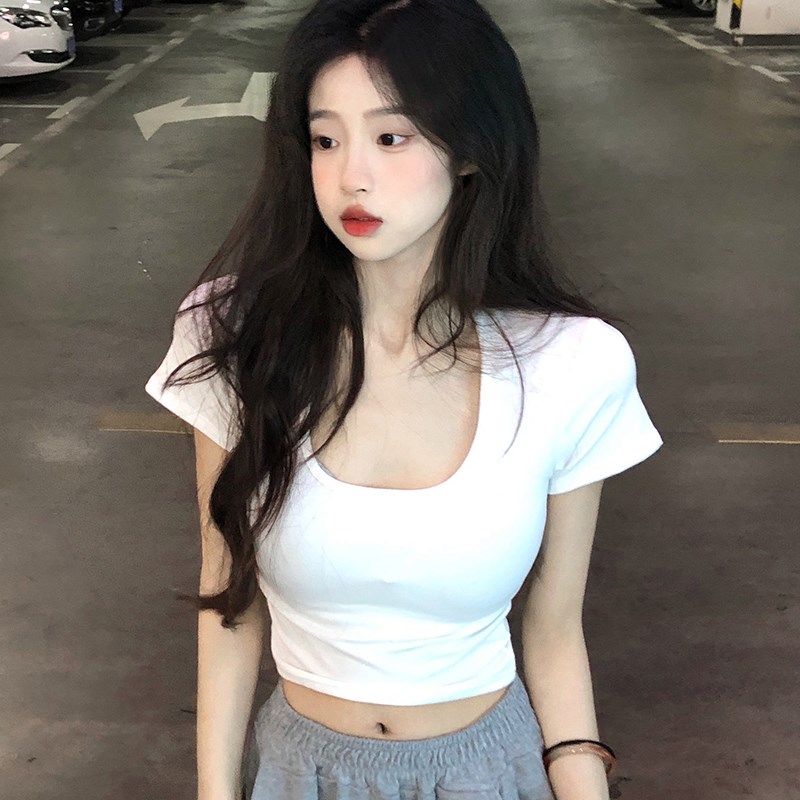 速发大码微胖白色u领正肩t恤短袖女夏季短款辣妹显瘦胖mm遮肚上衣