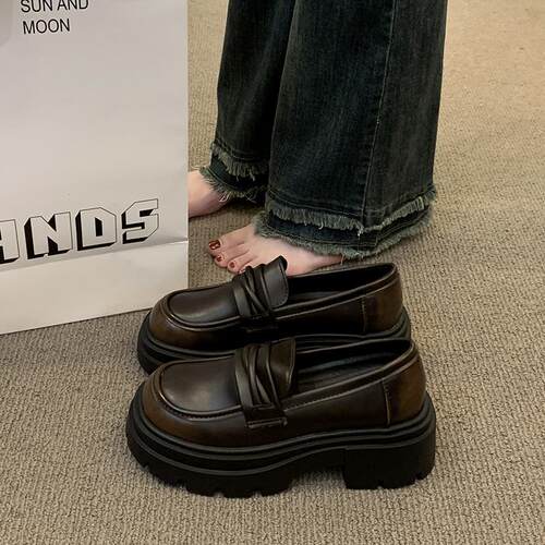 新品厚底粗跟英伦风小皮鞋女2026新F款春秋季一脚蹬女鞋黑色单鞋