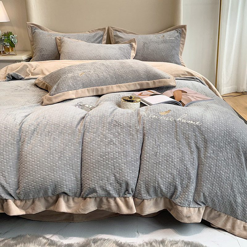 极速秋冬牛奶绒羽毛刺绣床单w四件套简约风拼角被套珊瑚绒保暖床,床上用品,床品套件/四件套/多件套,淘宝优惠券,粉丝福利购,淘宝优惠卷