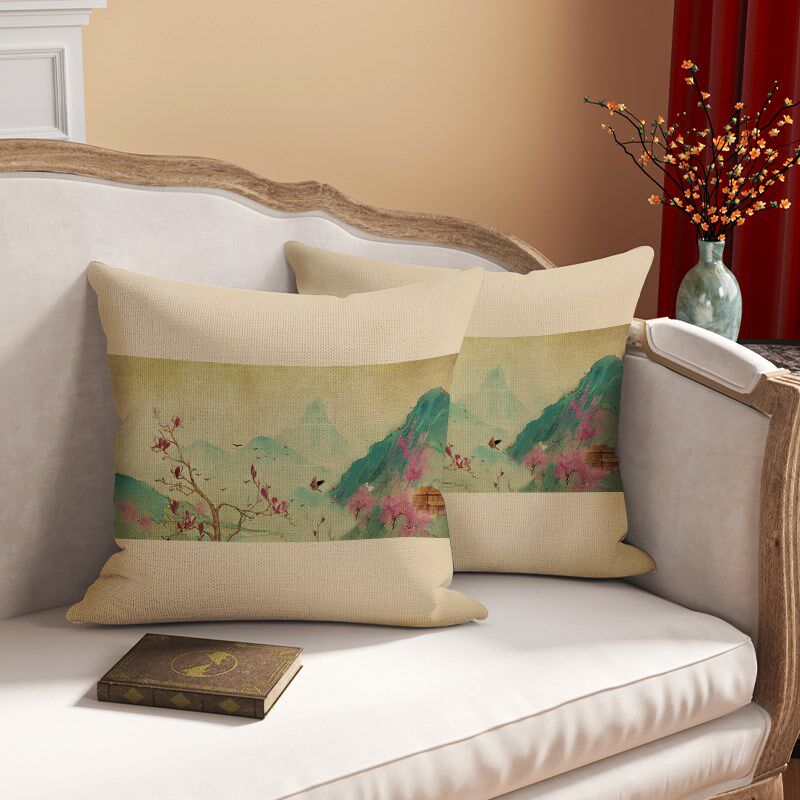 极速新中式红木沙发抱枕禅意山水靠枕F正方形抱枕套大尺寸特大号