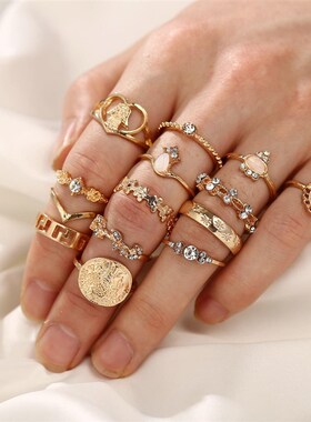 极速finger hrings wome 15pcs set复古金币十字架花纹镶钻戒指15