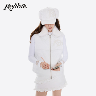 Keypote Golf女士高尔夫绗棉马甲冬季可拆卸毛领背心外套女装服装