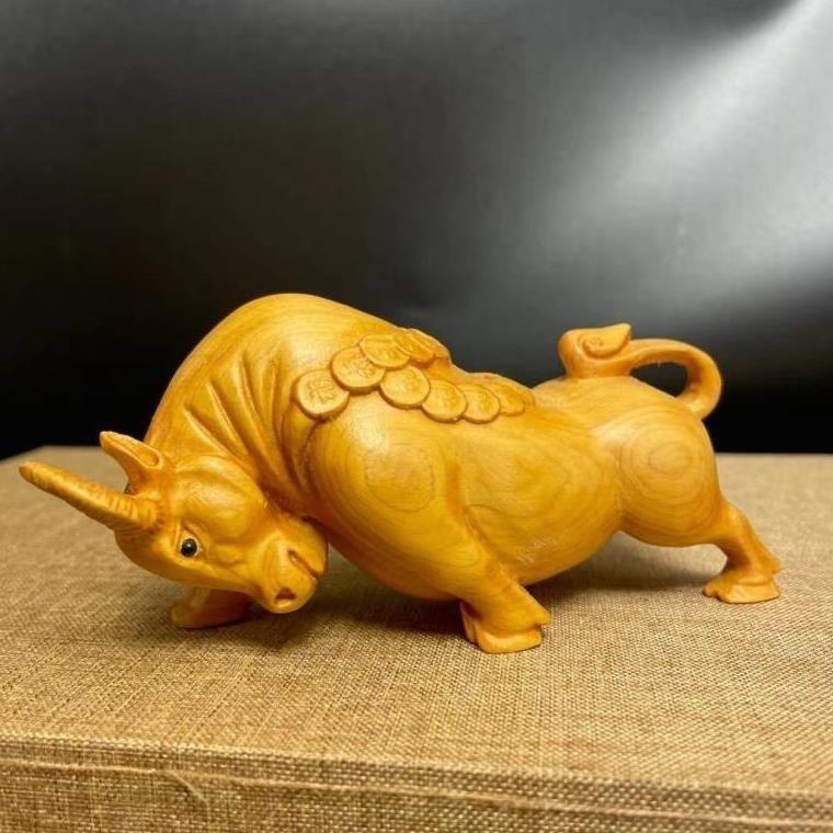黄杨木雕斗牛手把件扭转乾坤木制精雕动物工艺品车内摆件家居饰品
