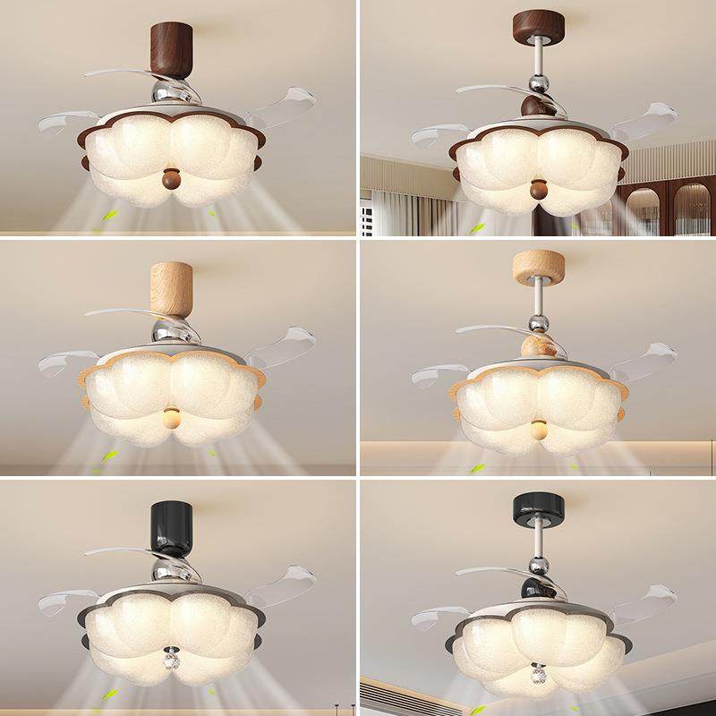 法式奶油风花朵风扇灯中古风隐形静音卧室电风扇一体灯餐厅吊扇灯