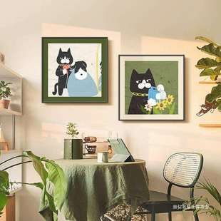 中古餐厅装饰画多巴胺卡通动物客厅墙面挂画复古小众艺术卧室壁画