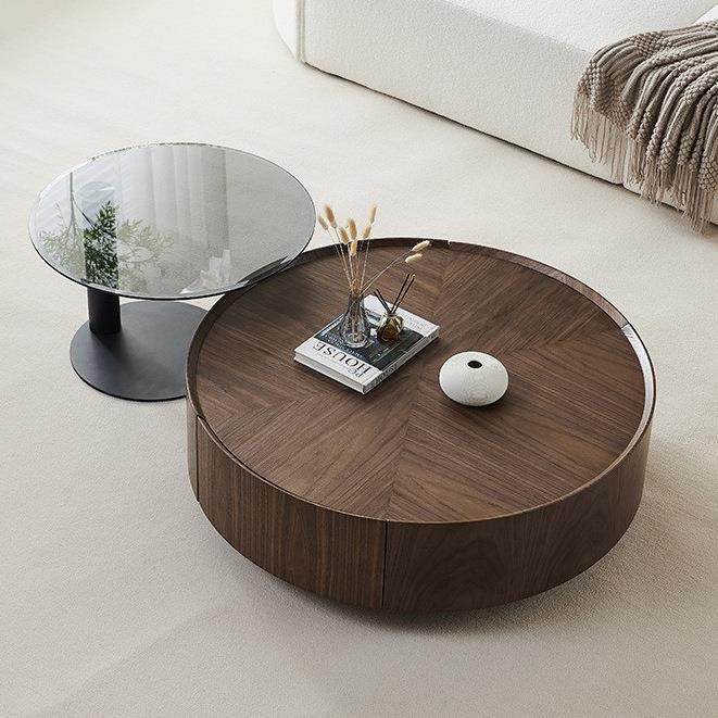 中古风极简小户型设计师客厅高端胡桃木储物圆形茶几组合现代轻奢