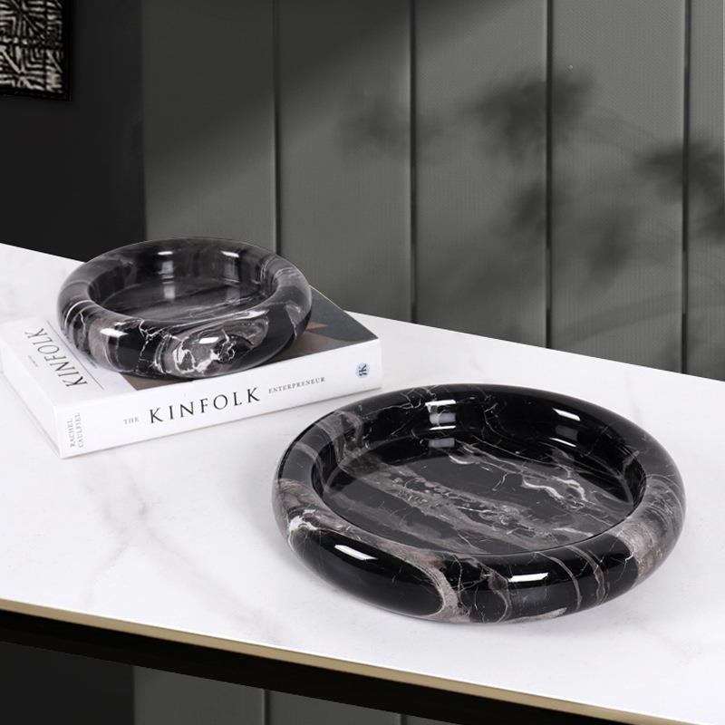 厂家直销天然大理石圆形果盘创意家居酒店电视柜桌面收纳托盘摆件