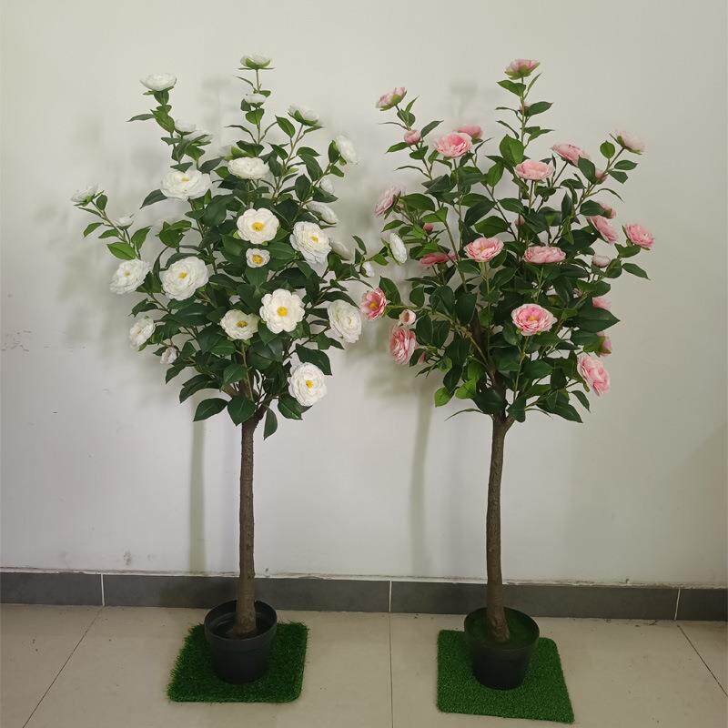 仿真茶花树 仿真茶玫花树假茶树小型盆栽植物 仿真山茶花树
