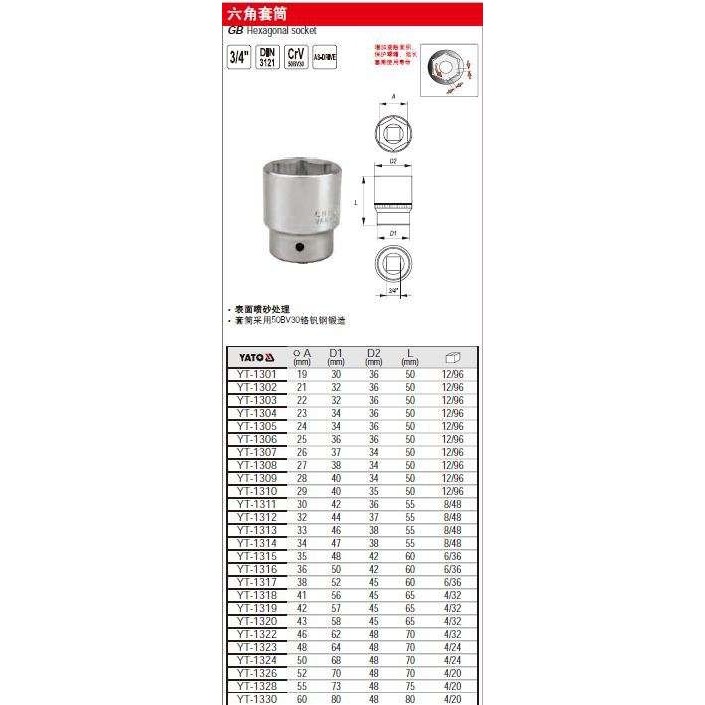 【含税】易尔拓工具 3/4英寸六角套筒19MM  YT-1301至YT-1330