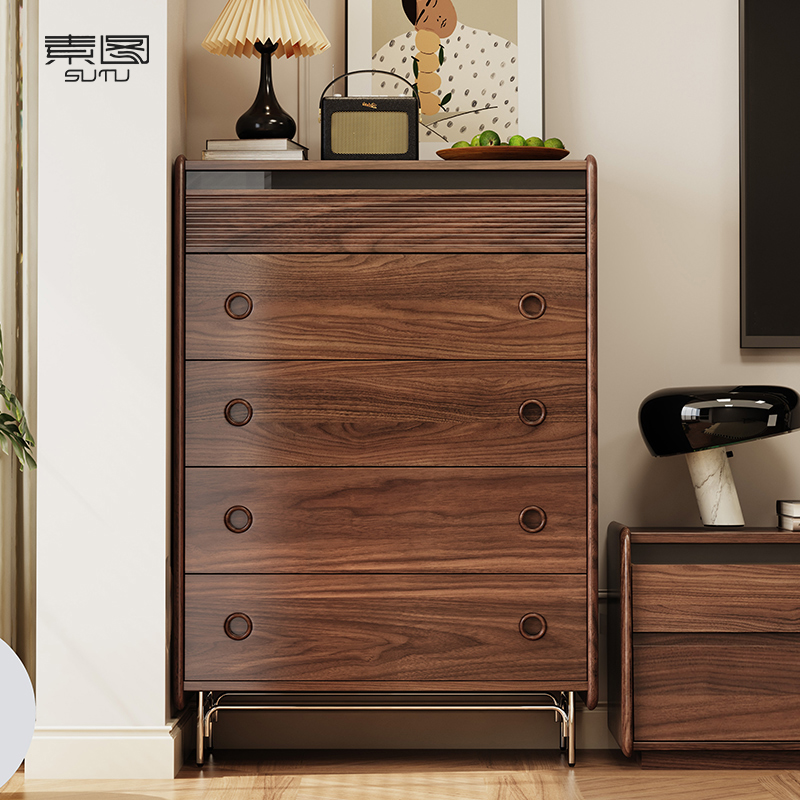 素图北欧风黑胡桃木实木五斗柜