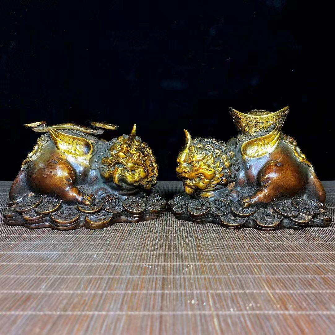 古董古玩仿古铜 鎏金貔貅一对 复古摆件旧货乡下收藏老物件