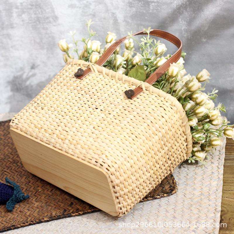 藤编花篮编织 手工 双提手篮子家居编织收纳篮草柳编木片手提篮