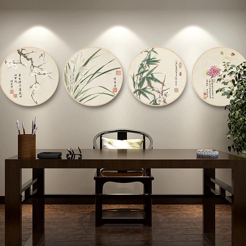 现代新中式客厅装饰画梅兰竹菊圆框挂画餐厅实木圆形国画玄关壁画