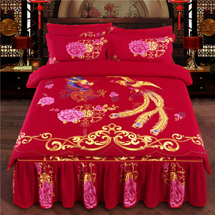 新婚陪嫁全棉床罩被套床上用品 纯棉婚庆龙凤大红床裙四件套中式