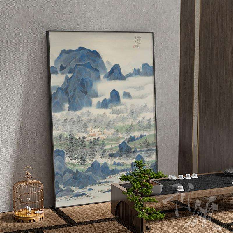 新中式蓝色山水风景国画卧室书房茶室古典客厅装饰画玄关壁画挂画
