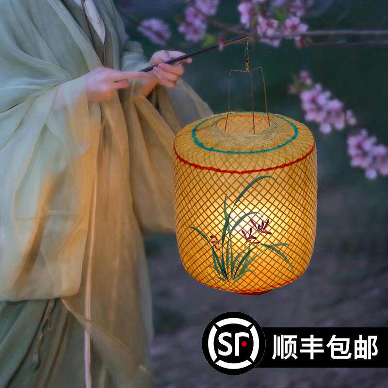 竹编油纸灯笼古风手提汉服手持物夜景拍照影视道具中式形发光灯罩