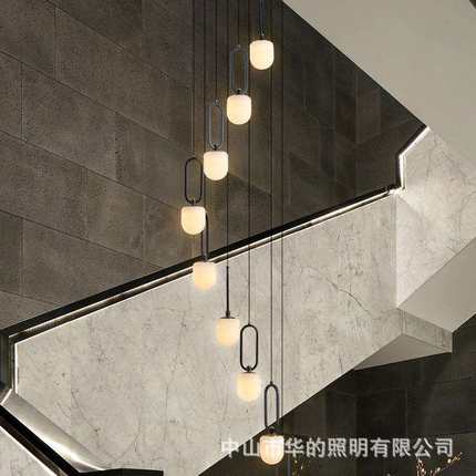 新中式全铜云石灯旋转楼梯灯简约轻奢别墅复式楼挑高loft长吊灯