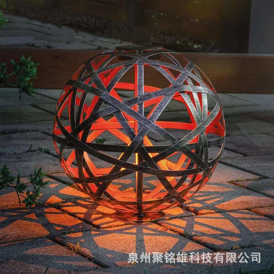 户外太阳能铁艺圆球灯笼 LED简约线条性地插灯 草坪庭院麻球铁艺