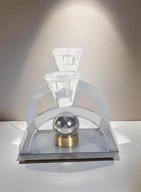 现代轻奢烟灰色水晶玻璃烛台摆件样板间餐桌蜡台装饰品软装工艺品