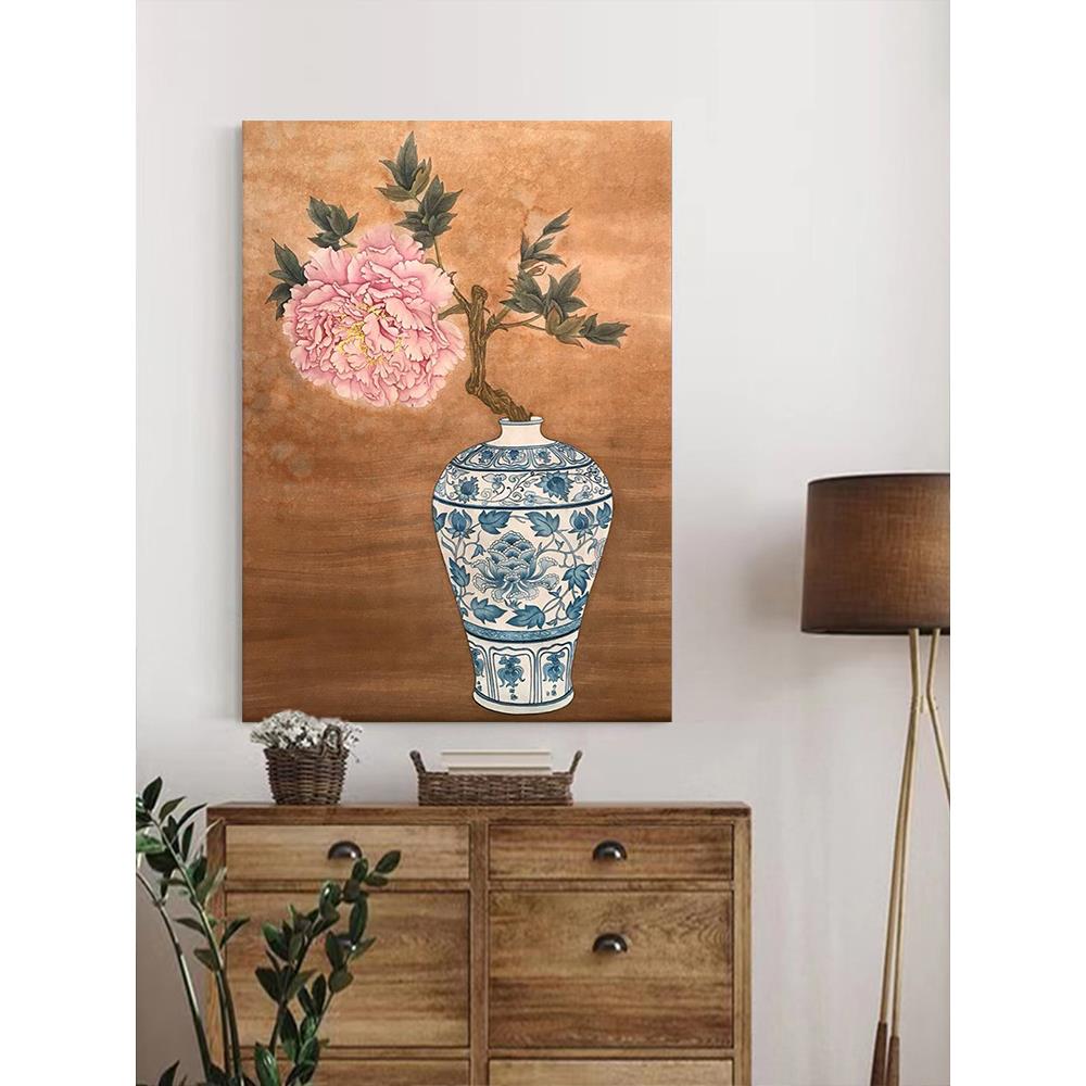 牡丹花开富贵新中式客厅装饰画玄关青花瓷花瓶手绘油画中古风挂画