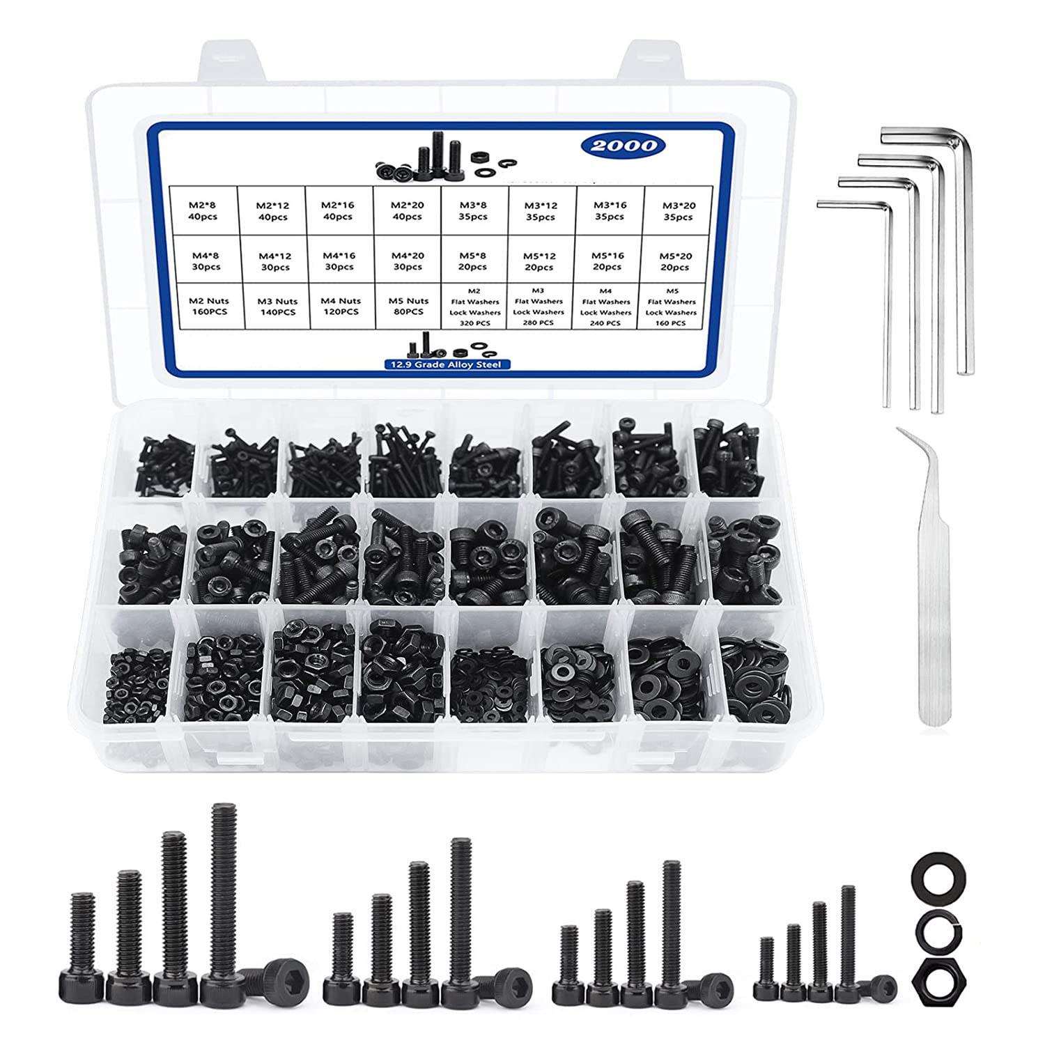 2000pcs圆柱头内六角螺钉配弹垫平垫套装M2/M3/M4/M5高强度12.9级