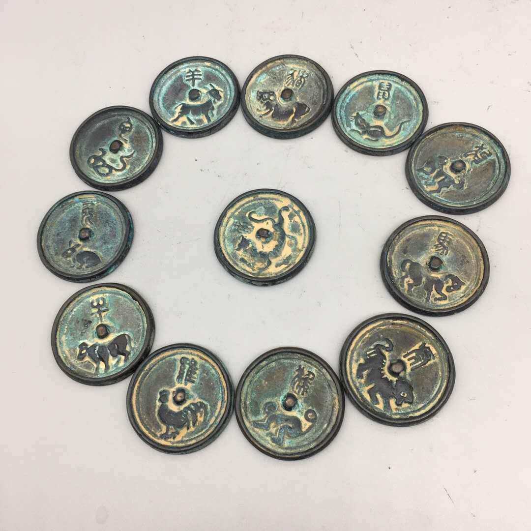厂家古玩工艺品收藏铜器仿古做旧（十二生肖绿绣铜镜 成套）