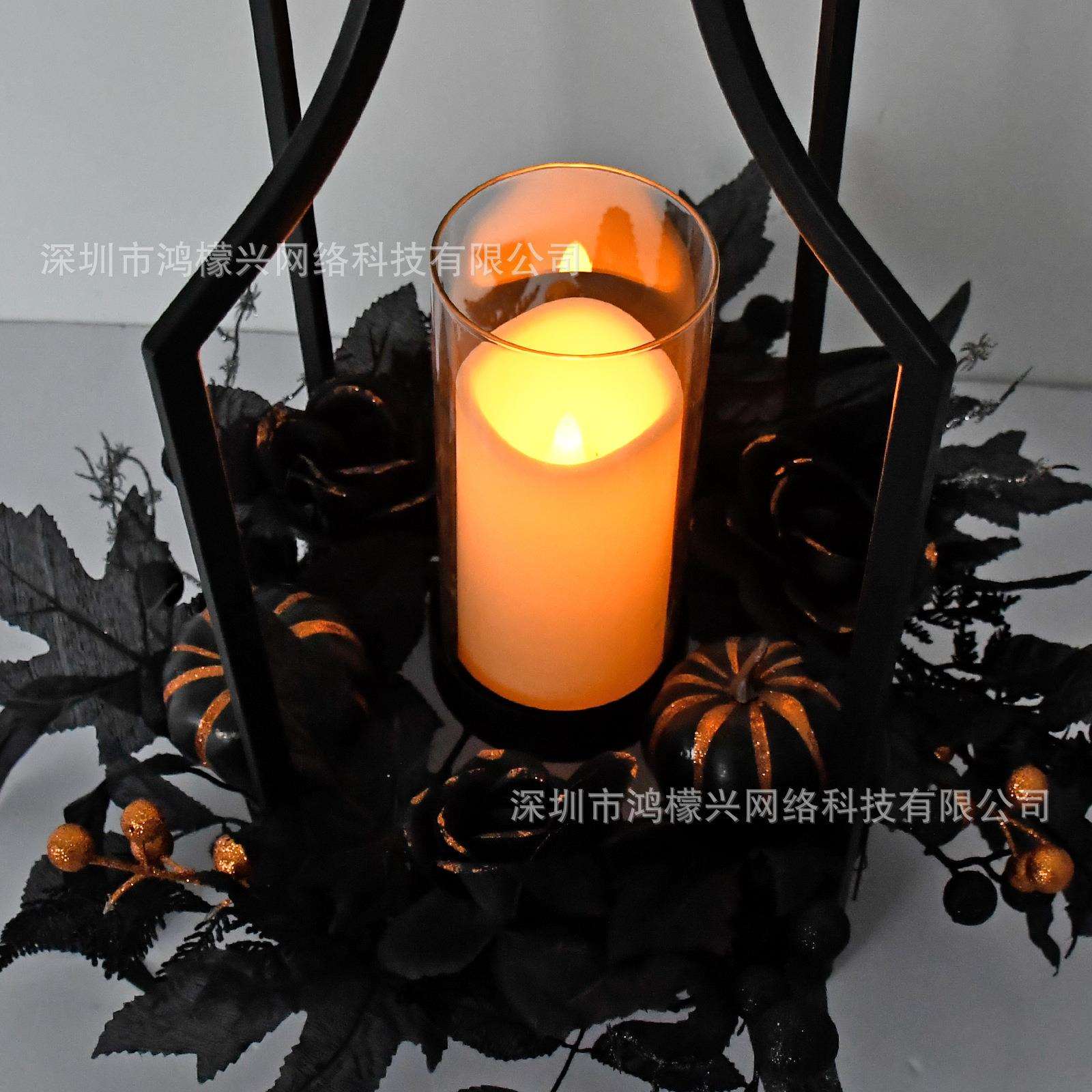 跨境黑色万圣节南瓜蜡烛风灯发光手提南瓜灯万圣装扮道具桌面摆件