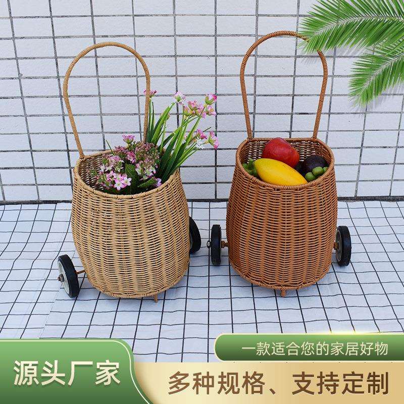 藤条编织儿童手推车 过家家玩具房收纳篮摄影陈列道具仿藤水果篮