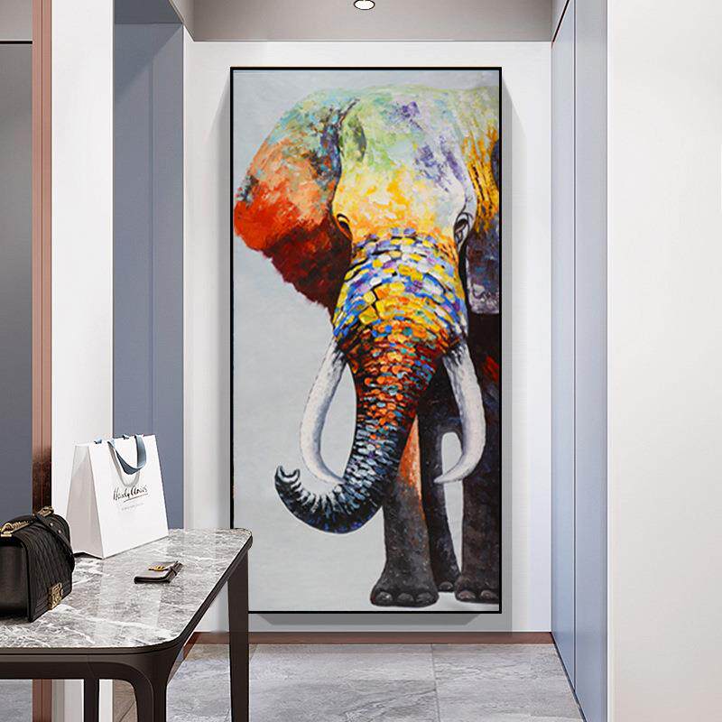 手绘油画立体手工挂画 现代简约玄关装饰画客厅竖版走廊过道大象