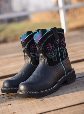 Palitutu新款真皮骑士靴刺绣复古V口西部牛仔靴童靴短筒靴马丁靴