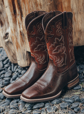 Palitutu复古西部牛仔靴新款马靴男骑士靴V口刺绣大码牛仔靴男