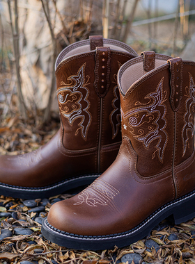 Palitutu新款刺绣复古西部牛仔靴童靴短筒靴骑士靴真皮马丁靴子