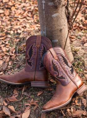 Palitutu真皮西部牛仔靴刺绣骑士靴男2024新款粗跟中筒复古马丁靴