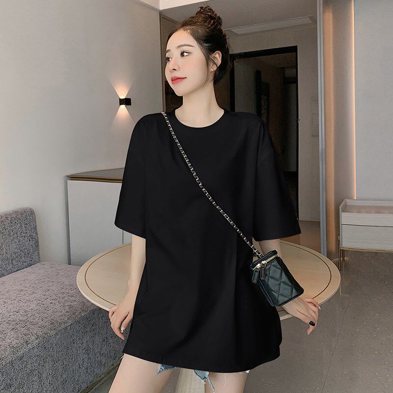 新品宽松纯棉白色k短袖t恤女2025新款夏季落肩大版慵懒风圆领长款