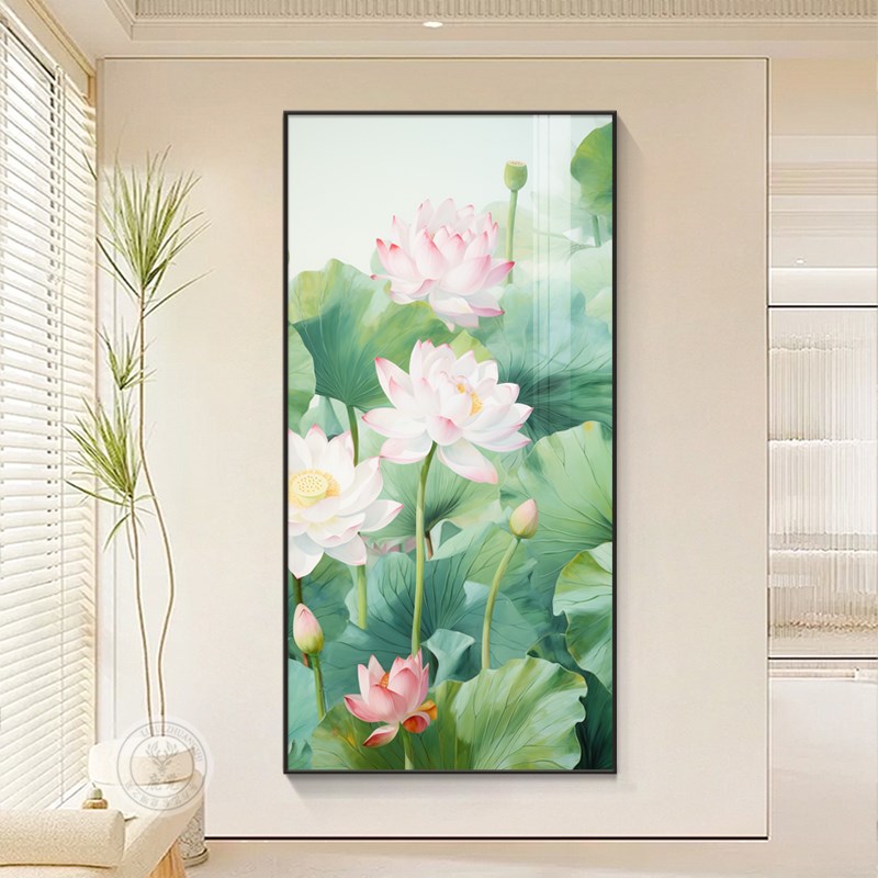 极速新中式荷花玄关装饰画进门入户挂画楼梯过道拐V角走廊尽头莲图片