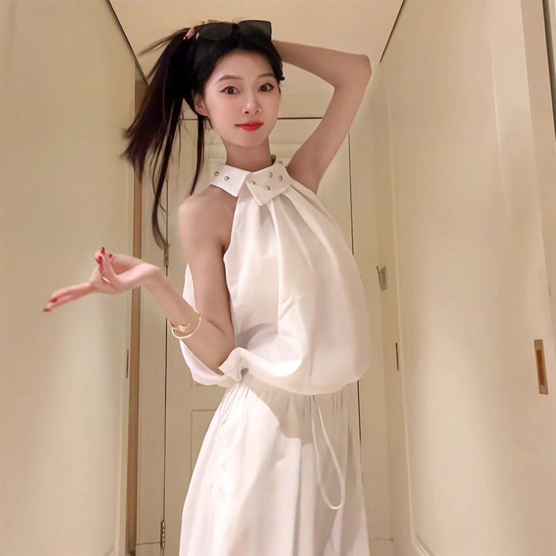 新品白色无袖衬衫套装女夏季新款设计感挂脖上衣百U搭工装阔腿裤