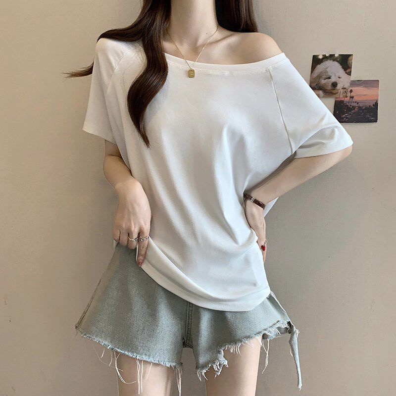 新品大码女装夏季新款斜肩露肩短袖t恤胖mNm宽松显瘦慵懒风一字肩