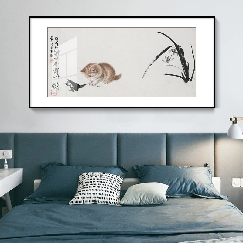 速发齐白石猫咪挂画现代客厅装饰画新中式儿童房挂画茶社酒店名宿图片
