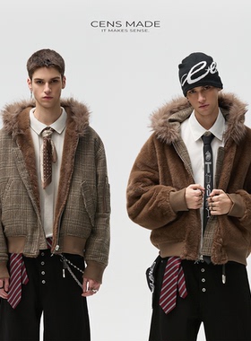 CENSMADE 1200g环保貂毛双面穿千鸟格座山雕外套棉服加厚保暖棉袄