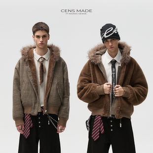 CENSMADE 1200g环保貂毛双面穿千鸟格座山雕外套棉服加厚保暖棉袄