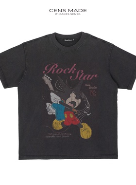 CENSMADE 水洗做旧美式米奇印花短袖vintage做旧boxy版型短袖T恤