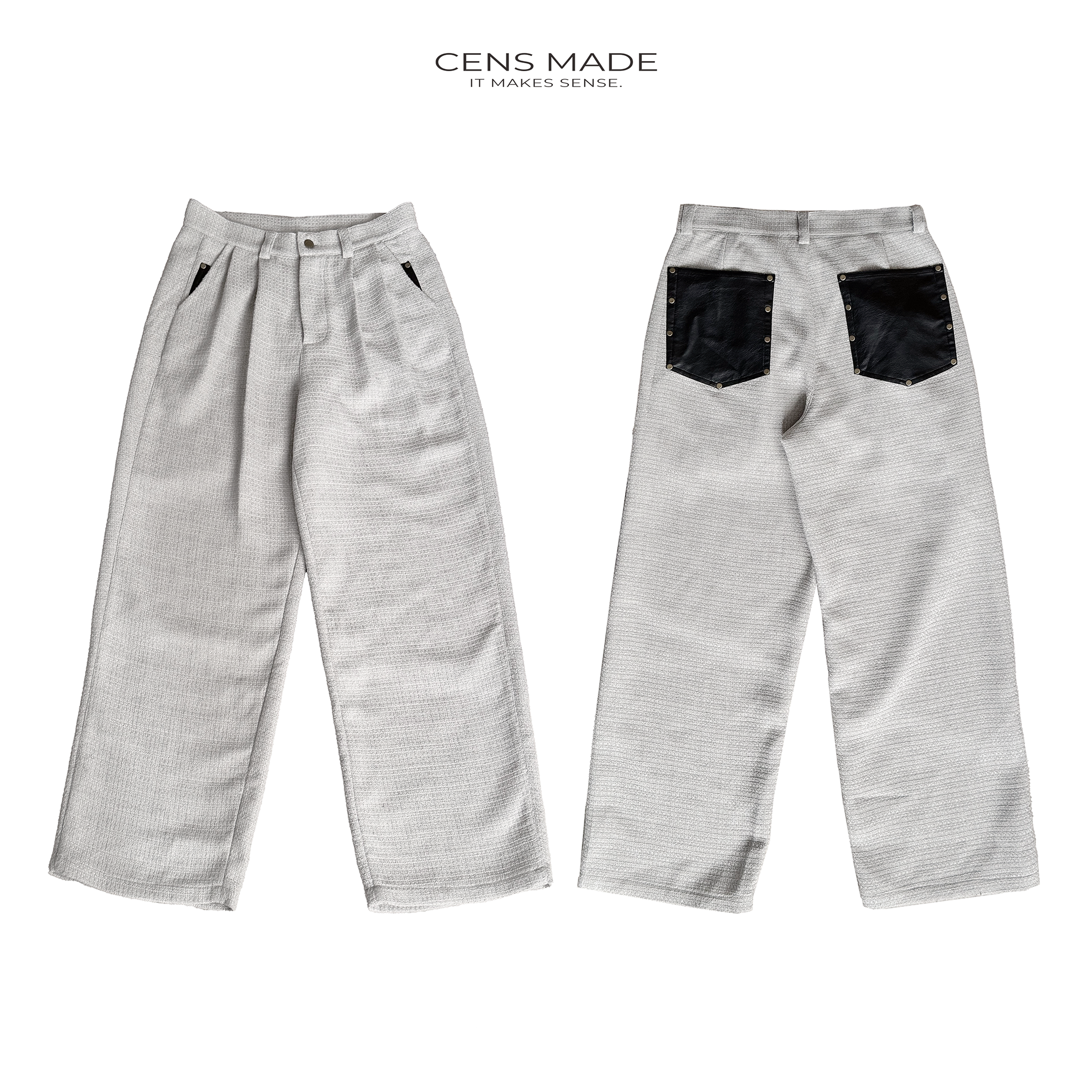 CENSMADE 通勤百搭立体剪裁阔腿A字tr混纺拼皮口袋撞钉小香风西裤,男装,西裤,淘宝优惠券,粉丝福利购,淘宝优惠卷