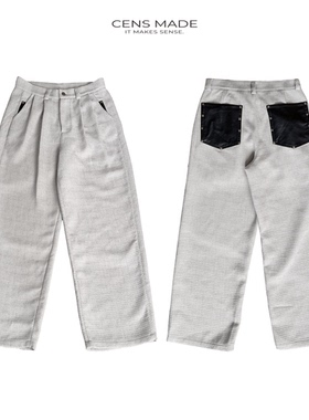 CENSMADE 通勤百搭立体剪裁阔腿A字tr混纺拼皮口袋撞钉小香风西裤