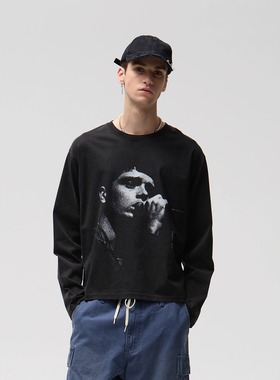 CENSMADE 水洗做旧美式人像印花长袖vintage复古boxy短宽版型T恤