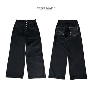 CENSMADE baggy 五连扣立体剪裁弯刀廓形宽松拼皮口袋黑色牛仔裤