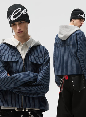 CENSMADE 羊毛混纺百搭竖条纹连帽拉链卫衣开衫外套boxy短宽版型