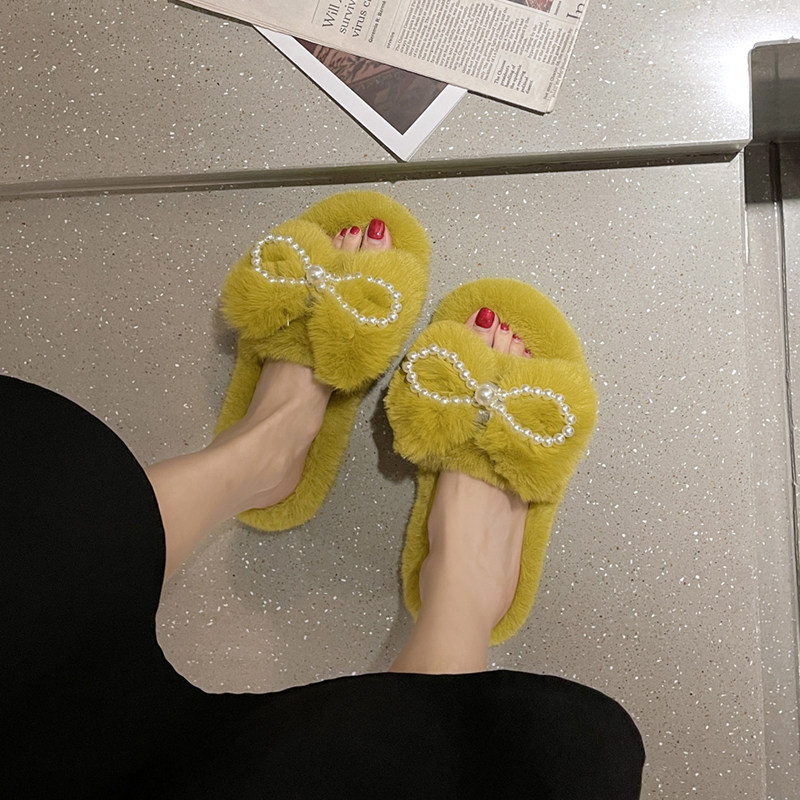 极速甜美珍珠蝴蝶结毛毛拖r女2023年秋冬款厚底一字露趾棉拖鞋软