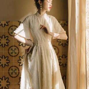 新品新中式连衣裙秋冬季q国风女装长袖伴娘服改良礼服复古旗袍202