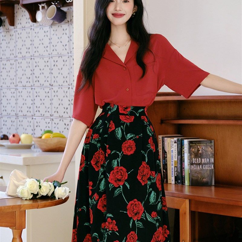 新品复古港风连衣裙80年代穿搭女装红色套装回门S服平时可穿订婚图片