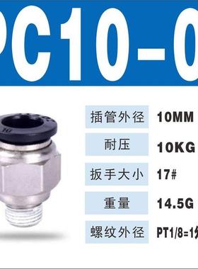 极速气管接头螺纹直通kPC4-M5/PC6PC8-02PC12黑色对接气动接头快